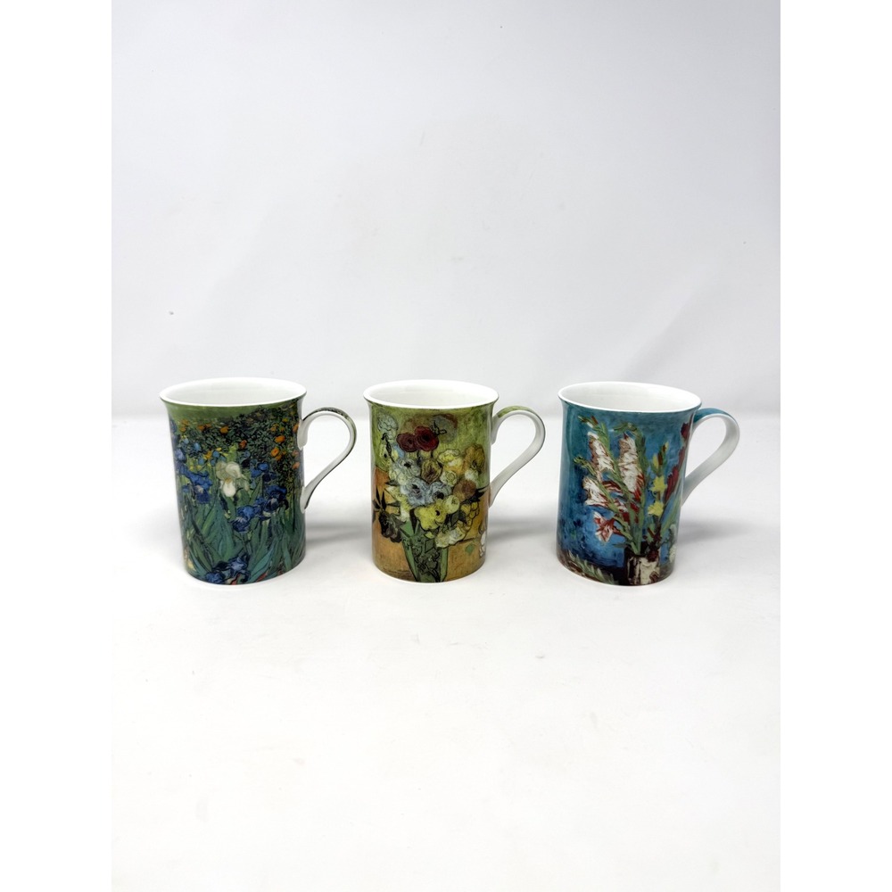 Stechcol Gracie Bone China Van Gogh Floral Mug Set of 3 Irises Sunflowers Coffee